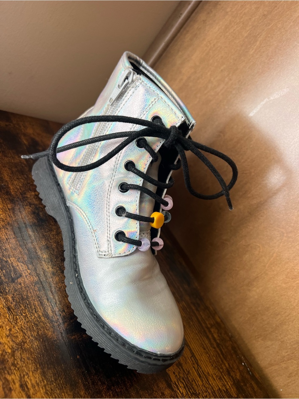 Single LEFT Boot / Iridescent Lace-Up Boots with Zipper